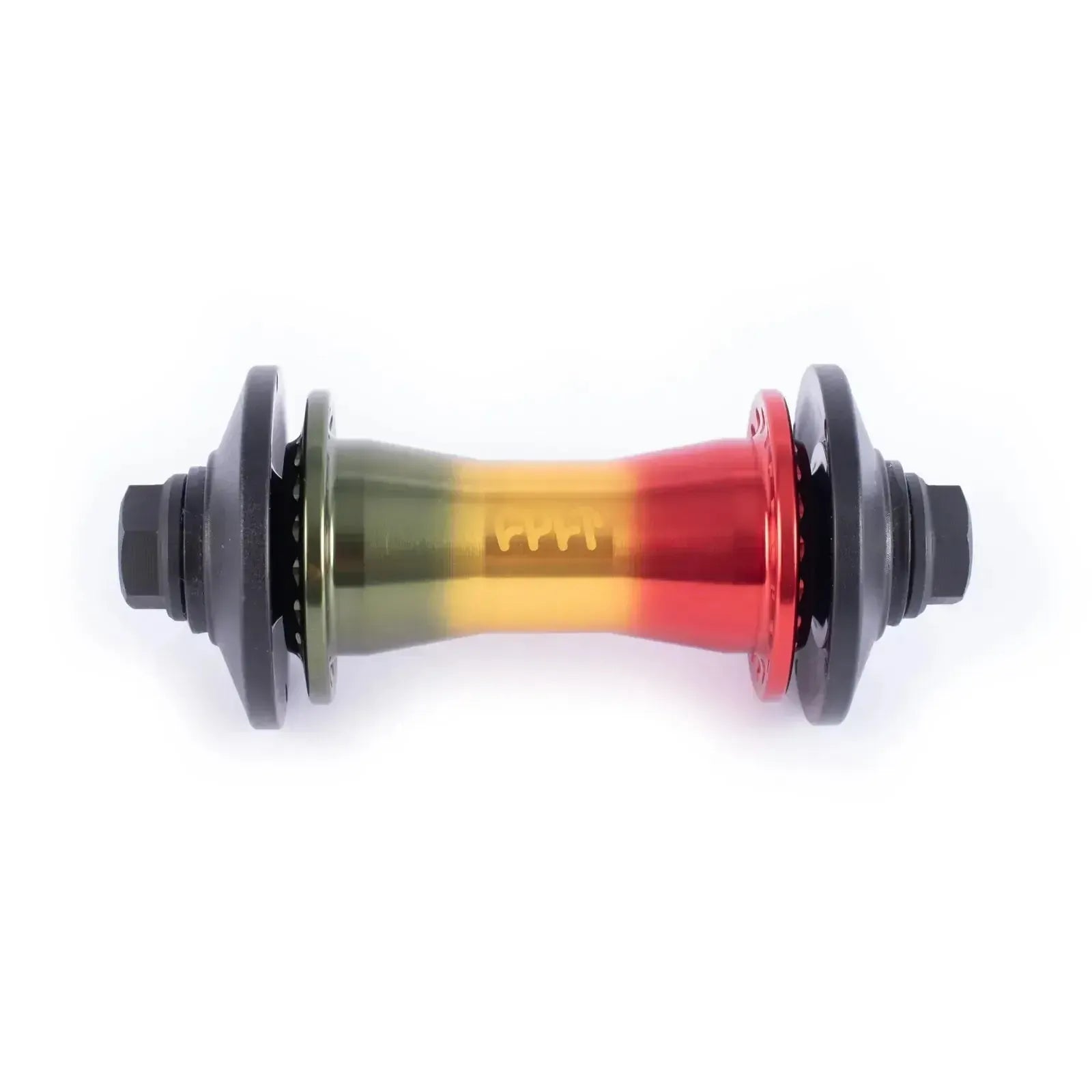 The Cult Crew Rasta Hybrid Freecoaster Hub Set features a gradient rasta color scheme (green to yellow to red), black end caps, and visible bolt threads on both sides.