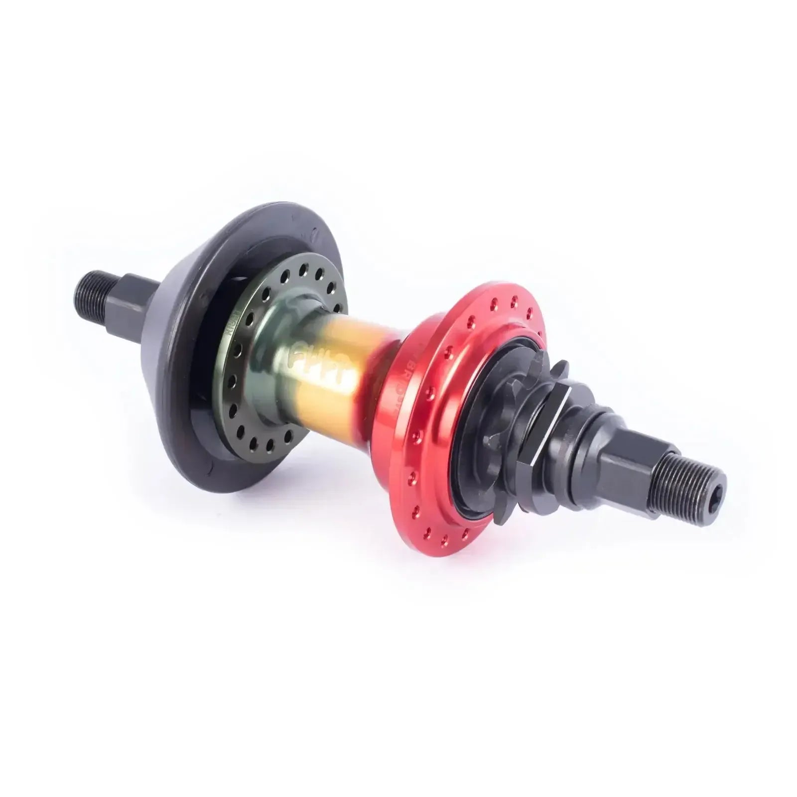 A close-up of the Cult Crew Rasta Hybrid Freecoaster Hub Set with black, red, and metallic gold components is shown on a white background.