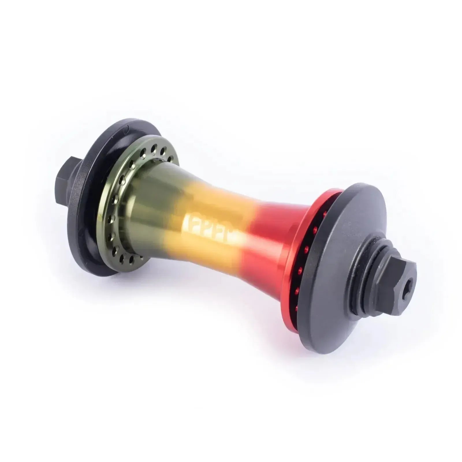 A Cult Crew Rasta Hybrid Freecoaster Hub Set in gradient green, yellow, and red with black axle bolts and flanges displayed on a white background.