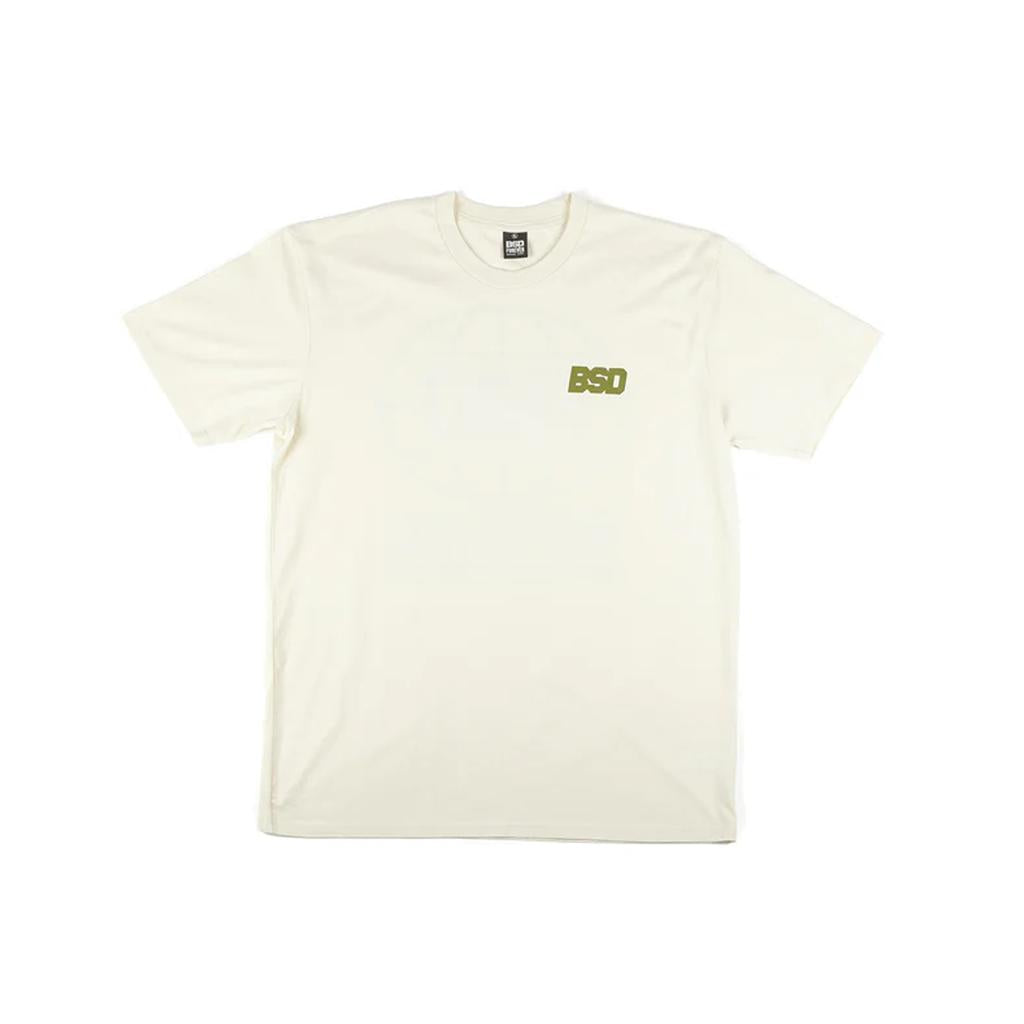 The BSD We Here Forever T-Shirt is a plain off-white cotton tee with a small olive green "BSD" logo on the left chest. Its lightweight fabric ensures everyday comfort.