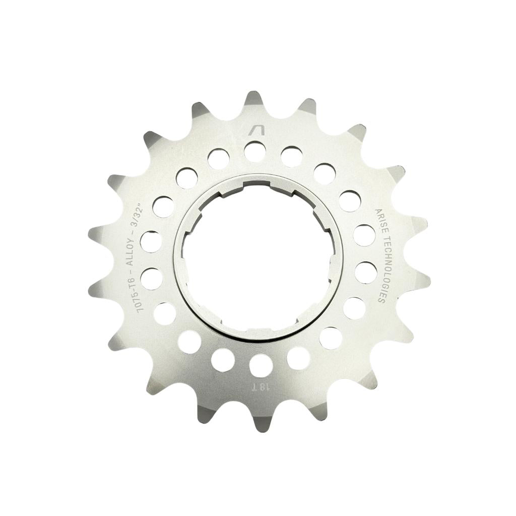 The Echo Alloy Cassette Rear Sprocket is a silver CNC-machined 7075-T6 aluminium cog with 18 teeth and multiple circular cutouts, shown from above against a white background.
