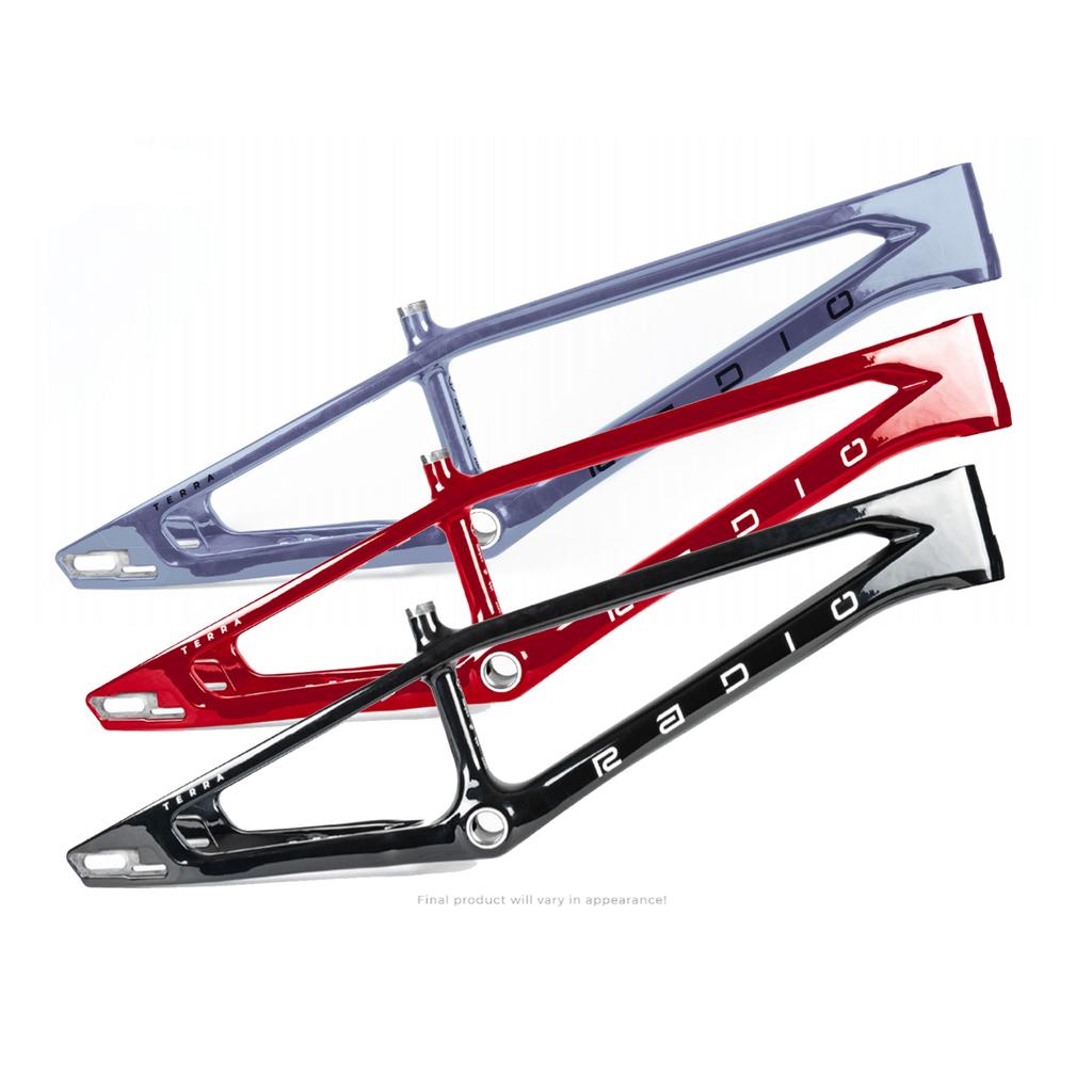 Three Radio Raceline Terra Carbon Pro XXL Frames in silver, red, and black are shown overlapping, each labeled "RADIO" and made from TORAYCA carbon fibre for lightweight strength. Designed for disc brake systems.
