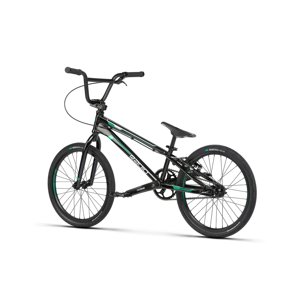 A black Radio Xenon Expert XL BMX race bike with green accents and a disc brake.