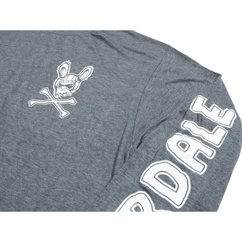 The Fairdale Harerogers Long Sleeve T-Shirt is a gray shirt featuring a cartoon animal face with crossed bones on the chest and "ARDALE" in bold white letters on the sleeve—perfect for your fall collection.