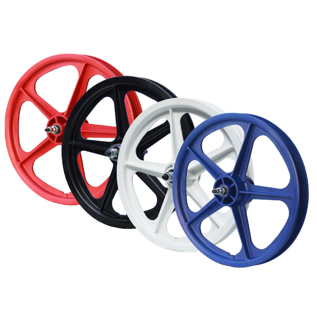 The Skyway Tuff 5 Spoke 16 Inch Wheelset is shown in red, black, white, and blue on a white background; each wheel features smooth-rolling sealed bearings.