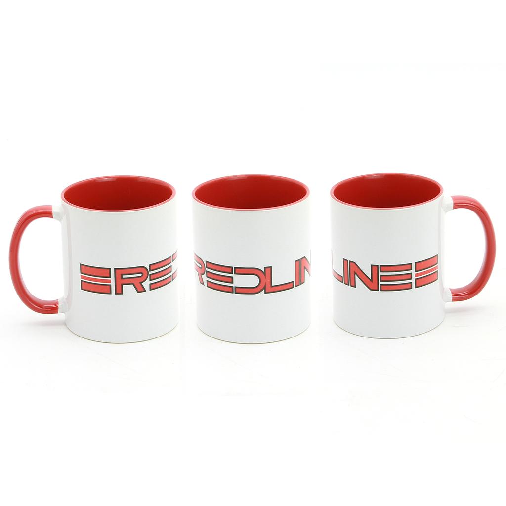 Three white 12oz Redline 80's Logo Coffee Mugs with red interiors and handles are lined up, each showing part of "REDLINE" in bold red and black—ideal for your favorite brew.