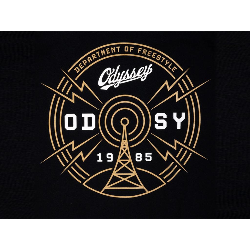 Graphic of a radio tower with "Odyssey," "Department of Freestyle," and "1985" in bold, radiating lines, geometric shapes, and frequency vibes—make the Odyssey Frequency T-Shirt an essential addition to your collection.
