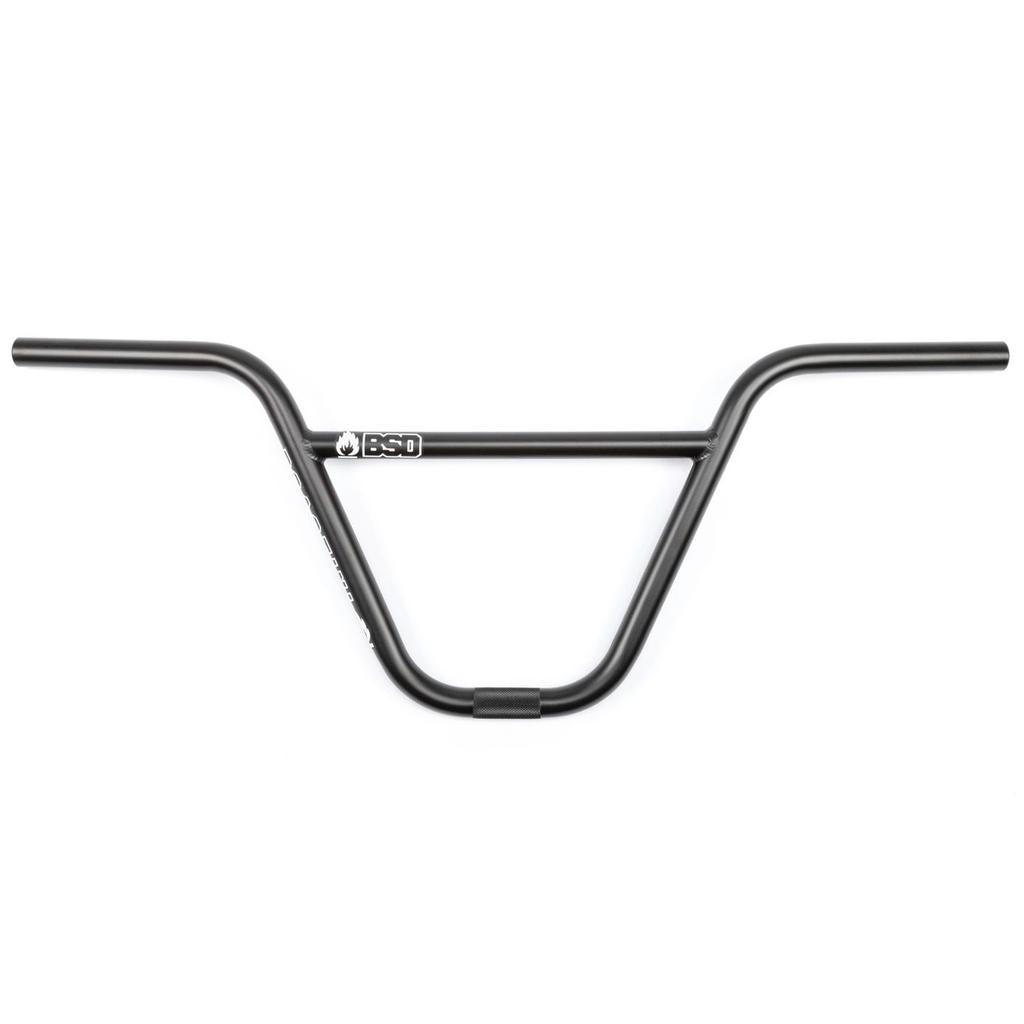 BSD Roastin Bars (Tam Roulston), black chromoly BMX handlebars with a BSD logo at the center, 10-inch rise, styled after Tam Roulston’s design, shown on a white background.