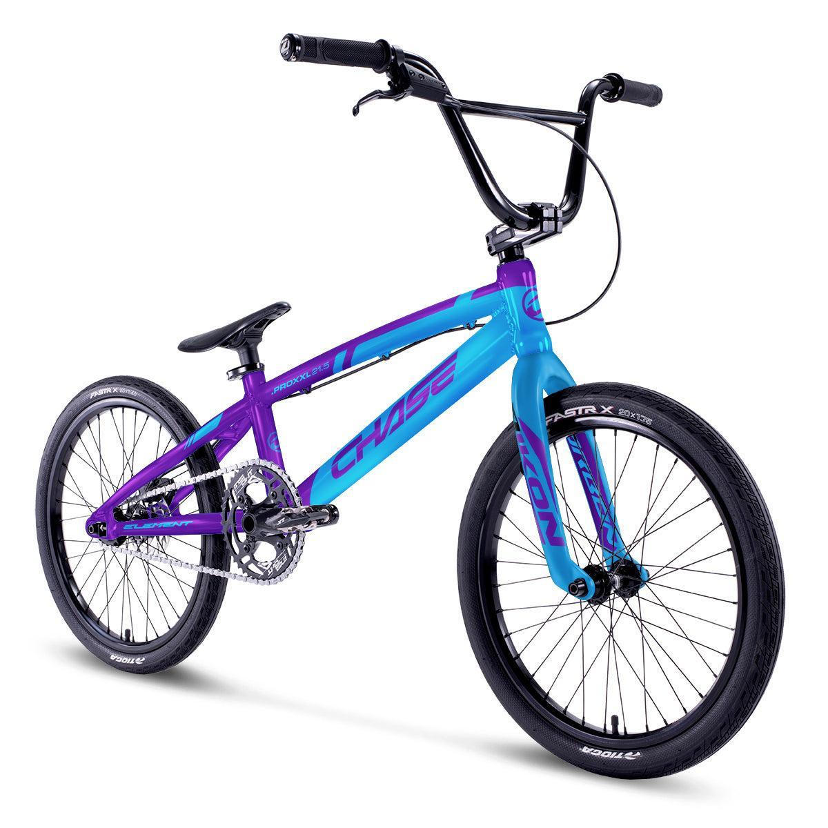 Pictured on a white background is the Chase Element Expert Race Bike (2027), a pro-level BMX bicycle featuring a blue and purple 7005 T6 alloy frame, black handlebars, and black wheels.