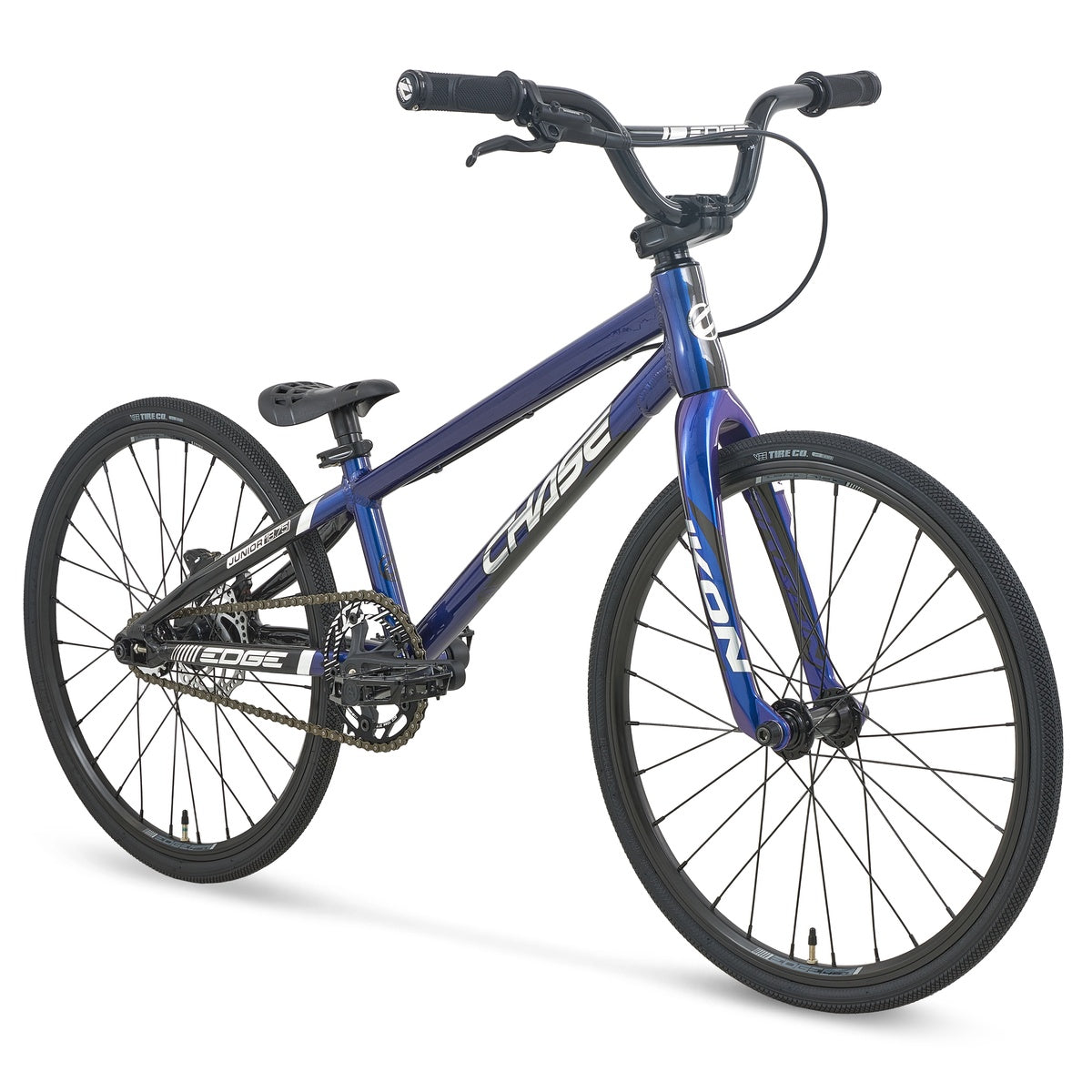 Chase Edge Junior CF Race Bike (2027) in blue, featuring black handlebars, seat, and tires, is shown angled from the front left side. The frame displays “CHASE” in white lettering and includes a lightweight carbon fork for enhanced performance—ideal for serious BMX racers.