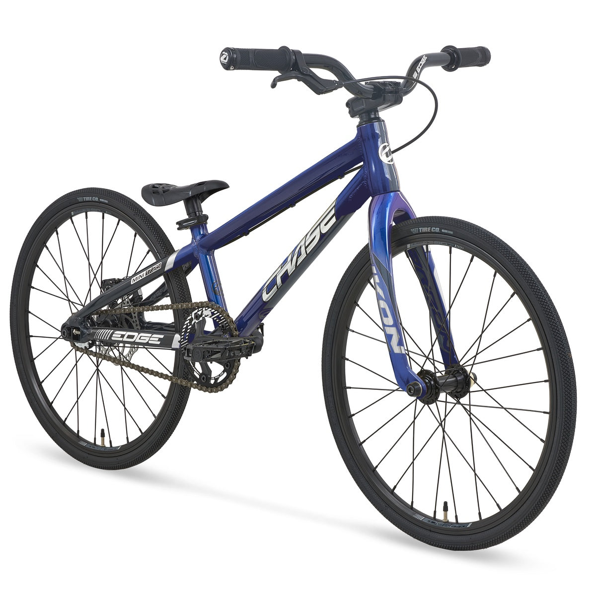 A Chase Edge Mini CF Race Bike (2027) in blue with black tires and a prominent “CHASE” logo on the frame, equipped with a lightweight carbon fork, displayed from a front-side angle against a white background.