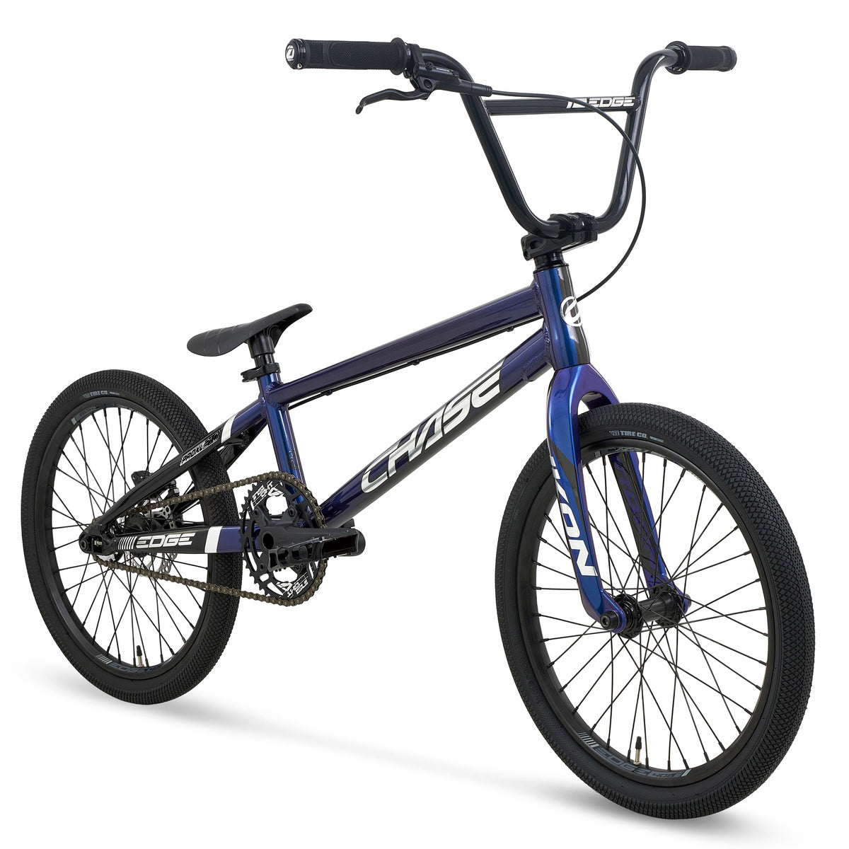 Chase Edge Pro XL CF Race Bike (2027), a blue and black BMX race bike featuring thick tires, a black seat, carbon fork, and “CHASE” branding on the frame, is shown from a front-side angle on a white background.