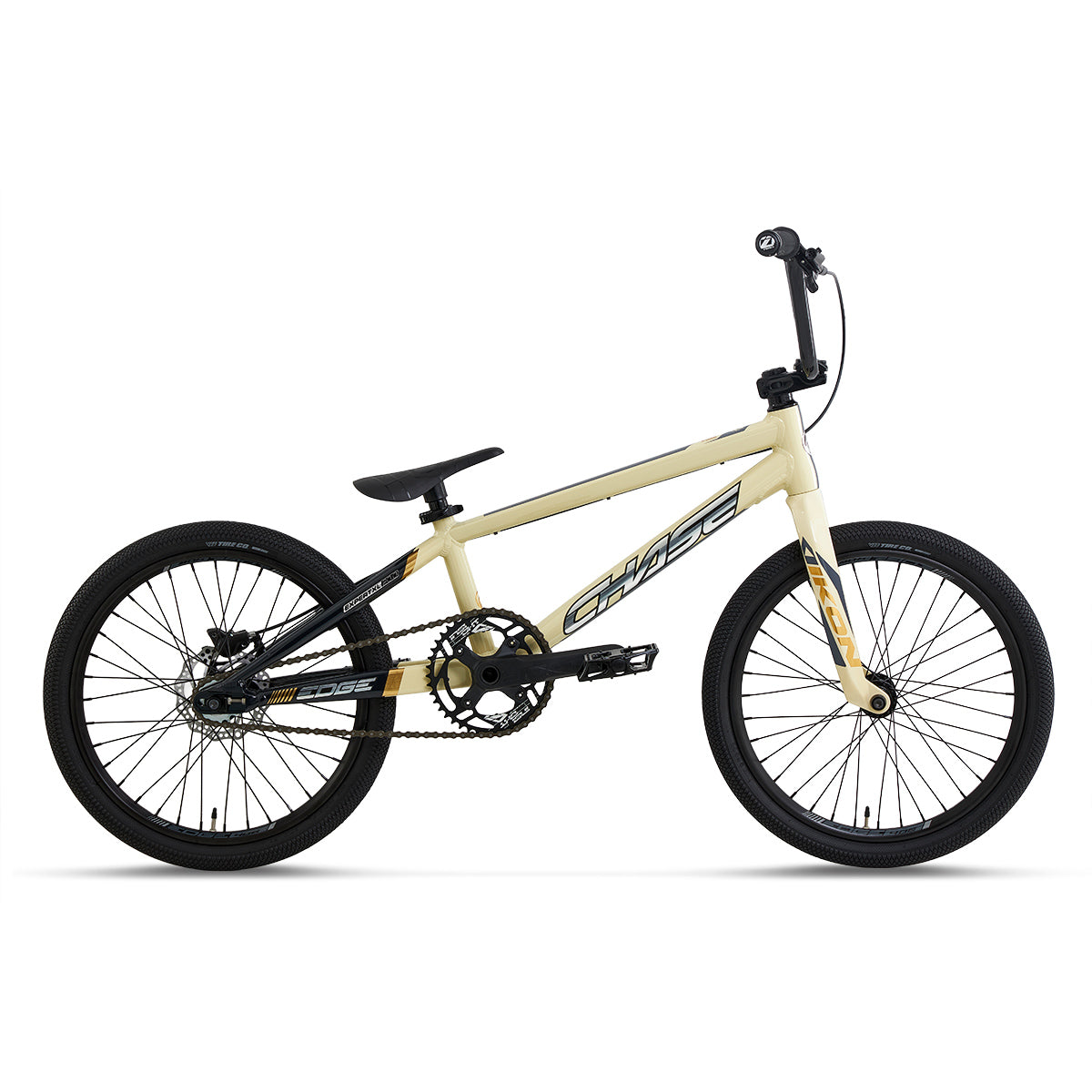 Side view of the Chase Edge Expert XL CF Race Bike (2027) in beige and black, featuring a lightweight frame, carbon fork, single gear, flat handlebars, and black tires on a white background.
