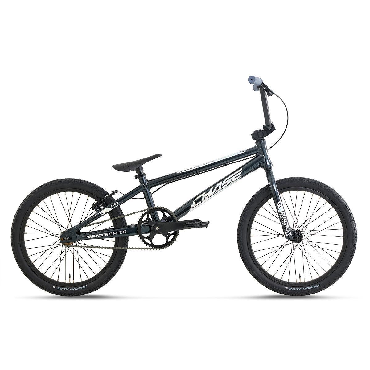 Side view of the Chase Race Series Pro Race Bike (2027) in black, featuring a lightweight frame, thick tires, and straight handlebars, displayed against a plain white background—an ideal entry-level BMX racing bike for aspiring riders.