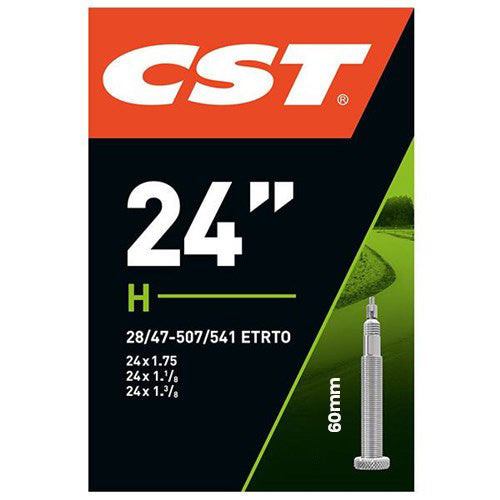The CST 24 x 1.50-2.25 Inch Tube (FV 60mm) packaging shows size info, a 60mm Presta valve, and part of the valve stem—perfect for cruiser wheels.