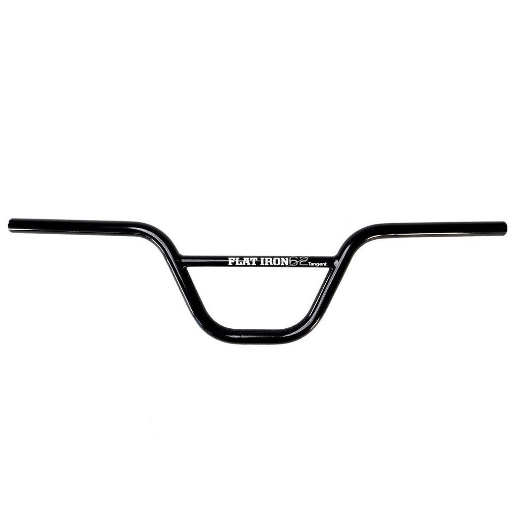 Black BMX handlebar with "Tangent FlatIron62 Cruiser Bars" text on the central crossbar, isolated on a white background.