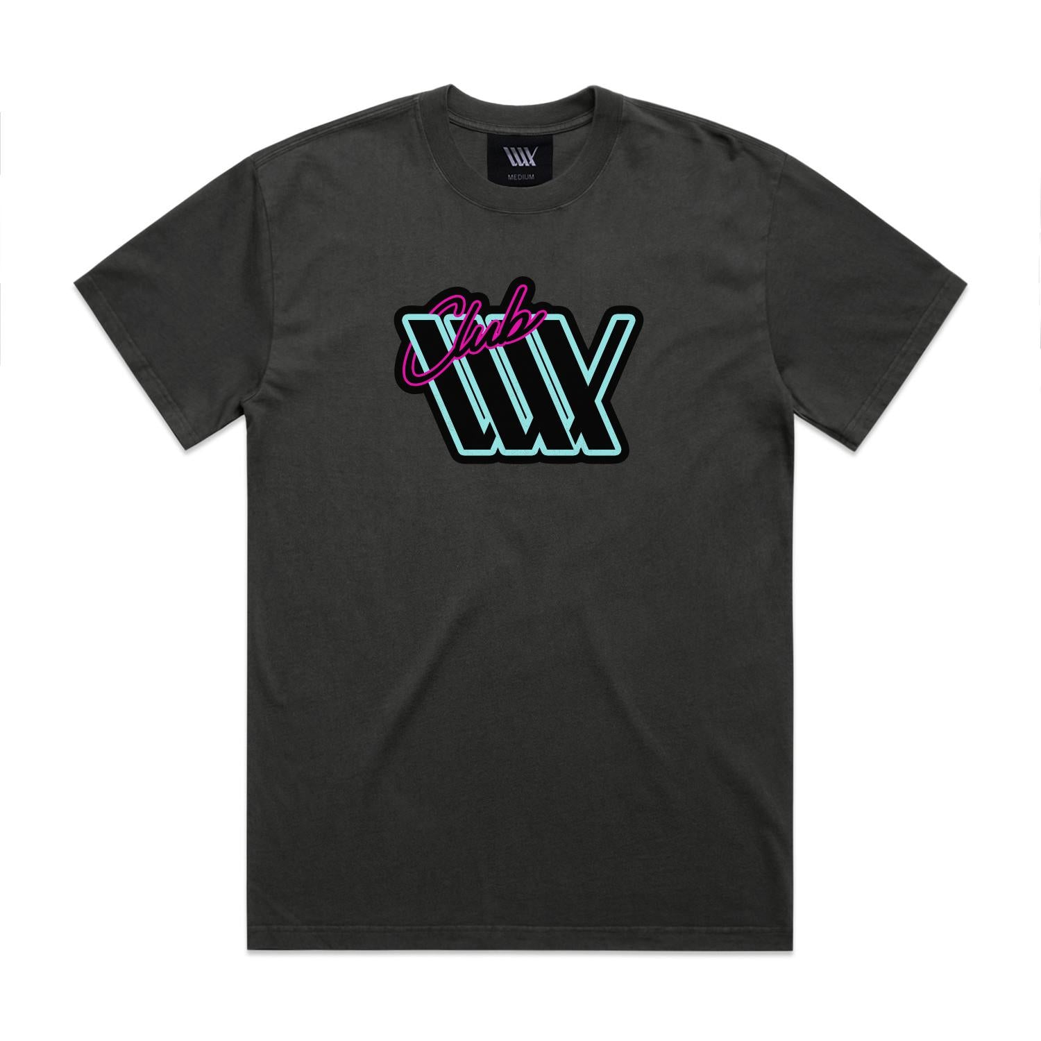 LUXBMX Club LUX Tee Faded Coal is a black heavyweight cotton t-shirt featuring the "Club WXY" logo in neon blue and pink script on the chest, channeling a classic retro neon vibe.