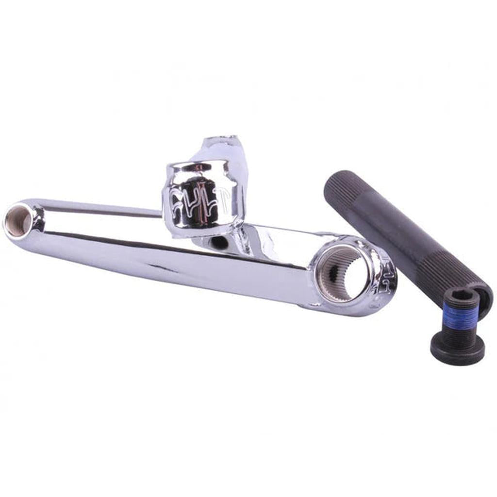 The Cult Hawk V2 Cranks, with a 22mm chromoly spindle and mounting bolt, are displayed on a white background, highlighting their durability.