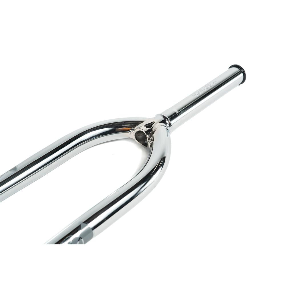 A close-up of the polished, metallic Colony Guardian 20 Inch Forks BMX fork featuring two blades and a CNC machined steerer tube, photographed against a white background.