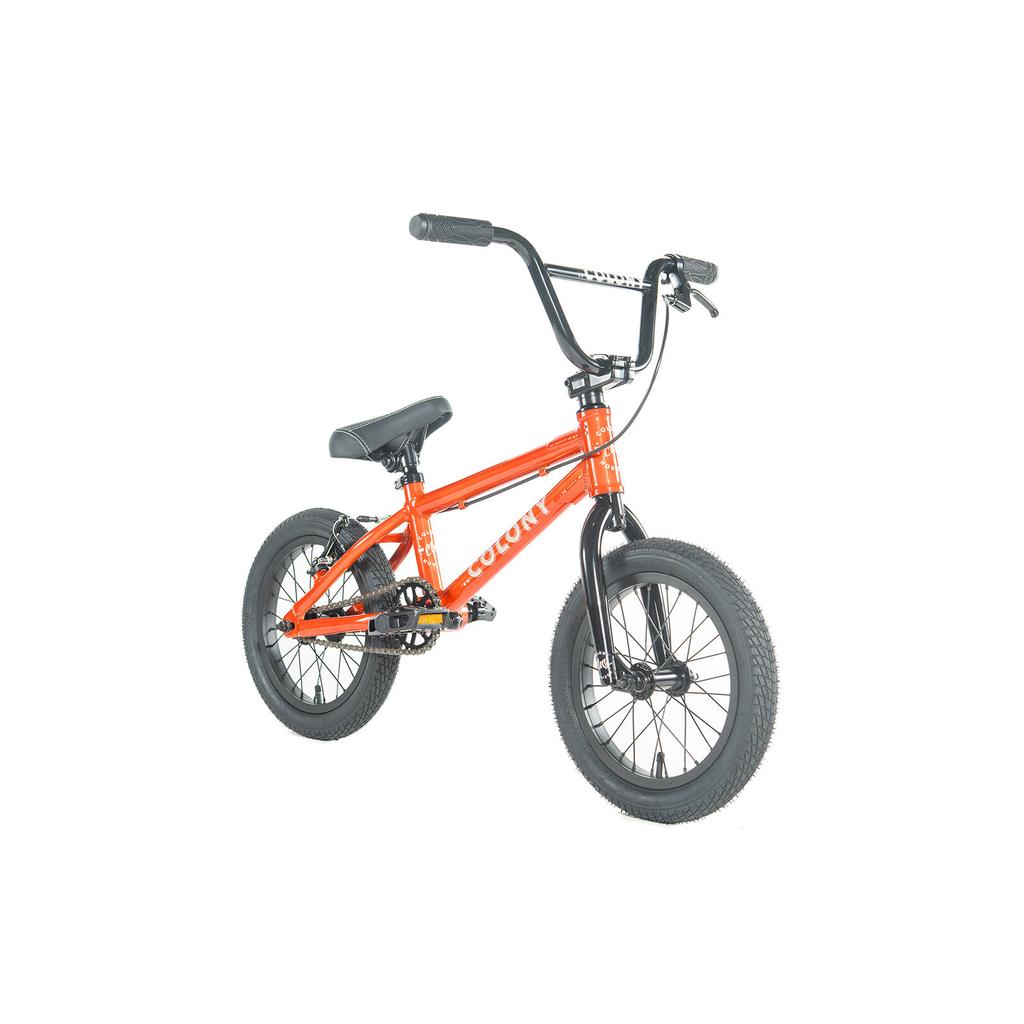 The Colony Horizon 14 Inch Bike is a small orange BMX with black handlebars, seat, and tires—ideal for BMX Freestyle—photographed on a white background.