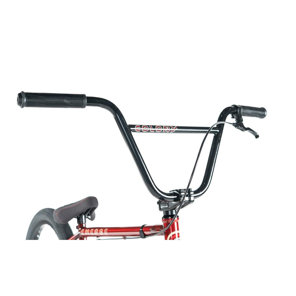 Close-up of the handlebars and front section of the colony-emerge-bike-2020 BMX bicycle, with the "Colony" logo visible on the handlebars.