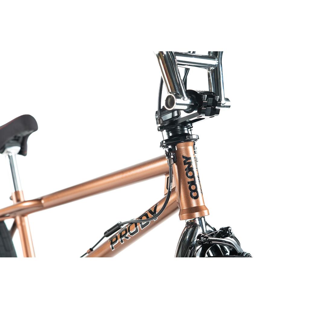 Close-up of the front section of a bronze Colony Prody Elite 20 Inch Bike with the Colony logo on the head tube, CrMo frame, and chrome handlebars, set against a white background.