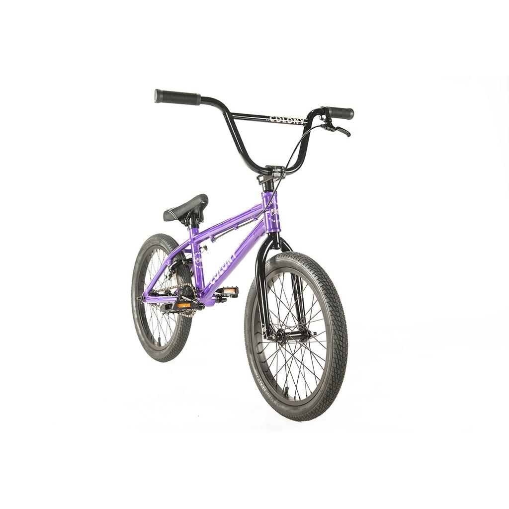 The Colony Horizon 18 Inch Bike is shown on a white background, featuring a purple lightweight alloy frame with black handlebars, seat, pedals, and tires.