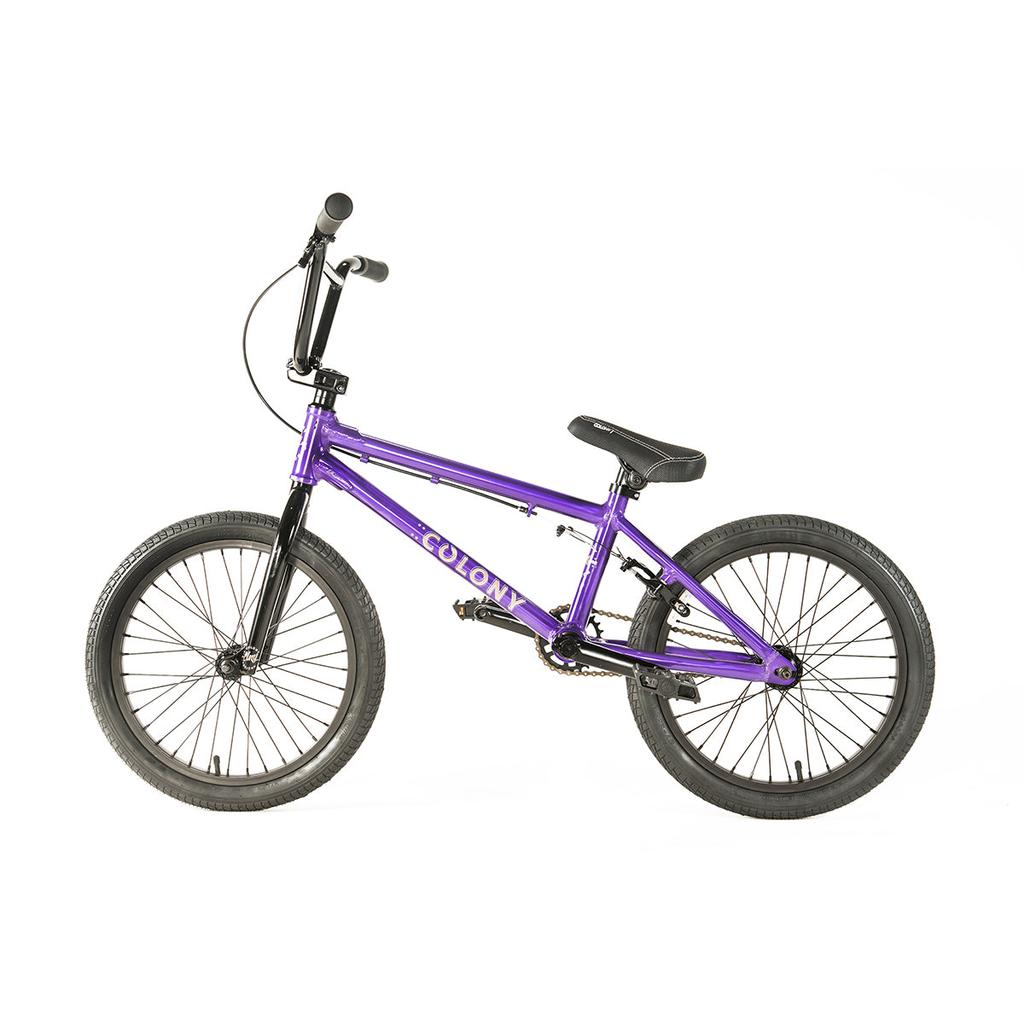 The Colony Horizon 18 Inch Bike is a purple BMX Freestyle bike with black handlebars, seat, and tires, featuring a lightweight alloy frame, displayed against a plain white background.