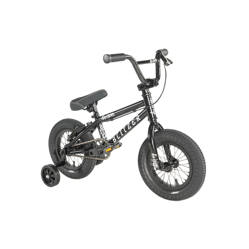 The Division Blitzer 12 Inch Bike is a small black kids’ BMX with training wheels, thick tires, a padded seat, and upright handlebars, shown against a white background.