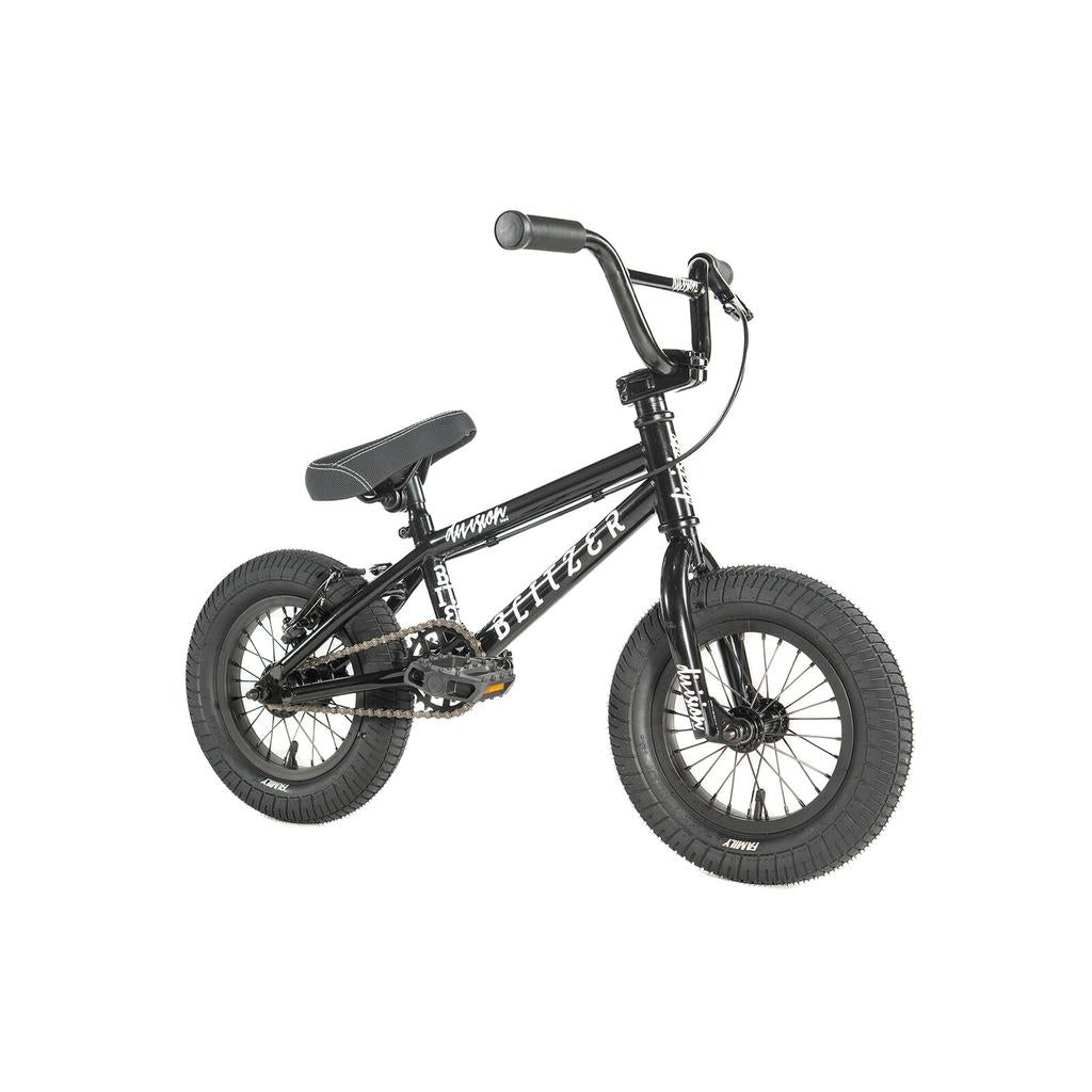 The Division Blitzer 12 Inch Bike is a small black BMX with thick tires, padded seat, and white "DEFLECT" branding on the frame—ideal for kids’ BMX adventures and freestyle tricks. Shown on a white background.