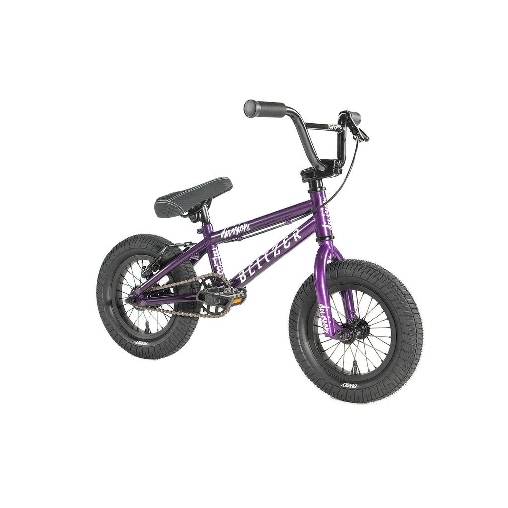 The Division Blitzer 12 Inch Bike is a small purple BMX with black handlebars, seat, and tires—ideal for kids’ freestyle riding—shown on a plain white background.