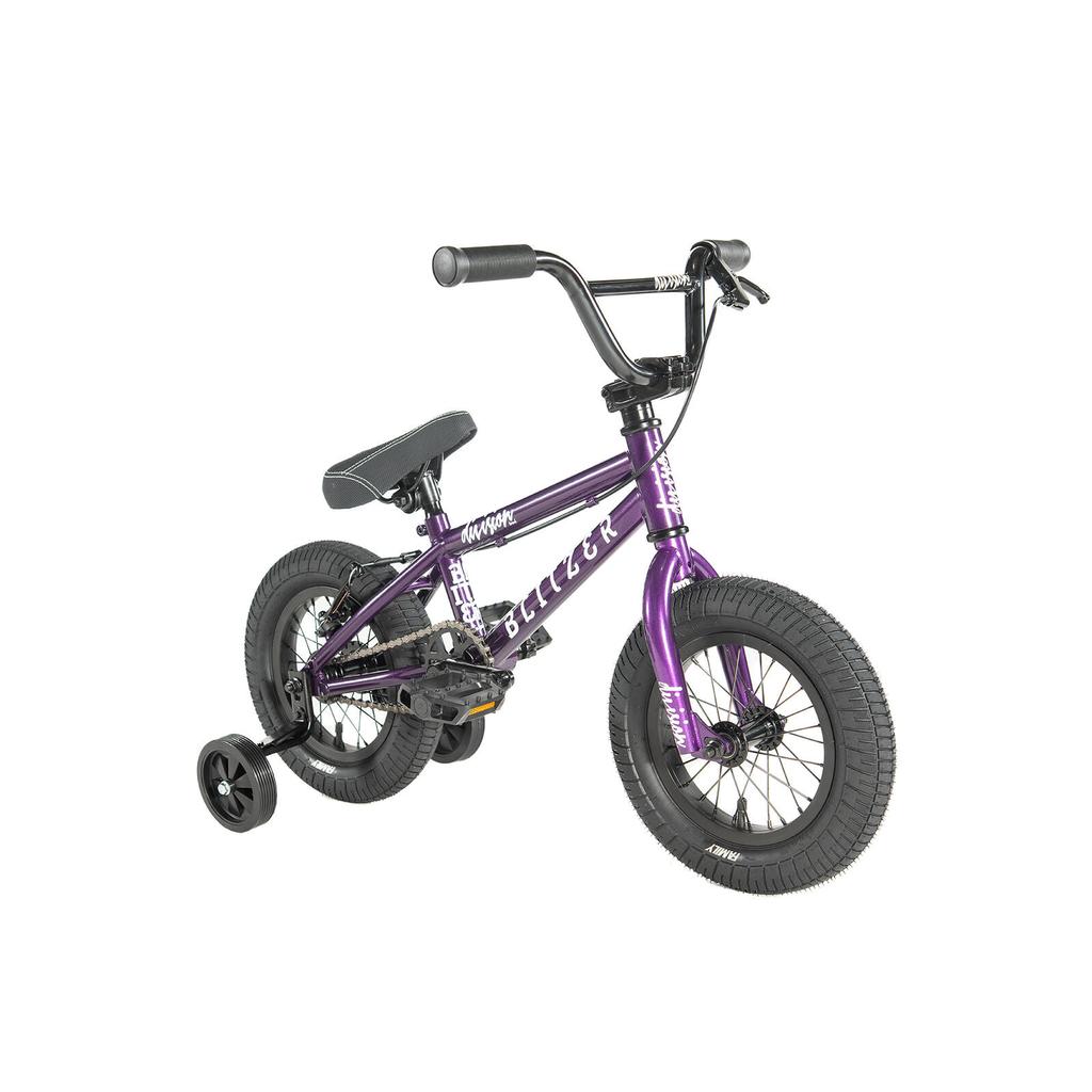 The Division Blitzer 12 Inch Bike is a small purple kids' BMX with black training wheels, thick tires, black handlebars, and "BULLER" on the frame, shown against a white background.