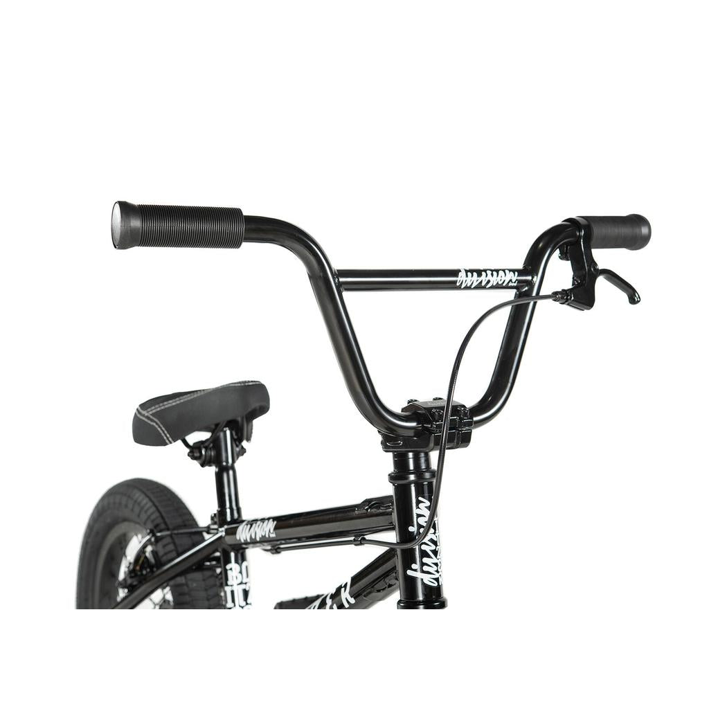 Close-up view of the handlebars, seat, and front section of the Division Blitzer 14 Inch Bike in black, shown against a white background.
