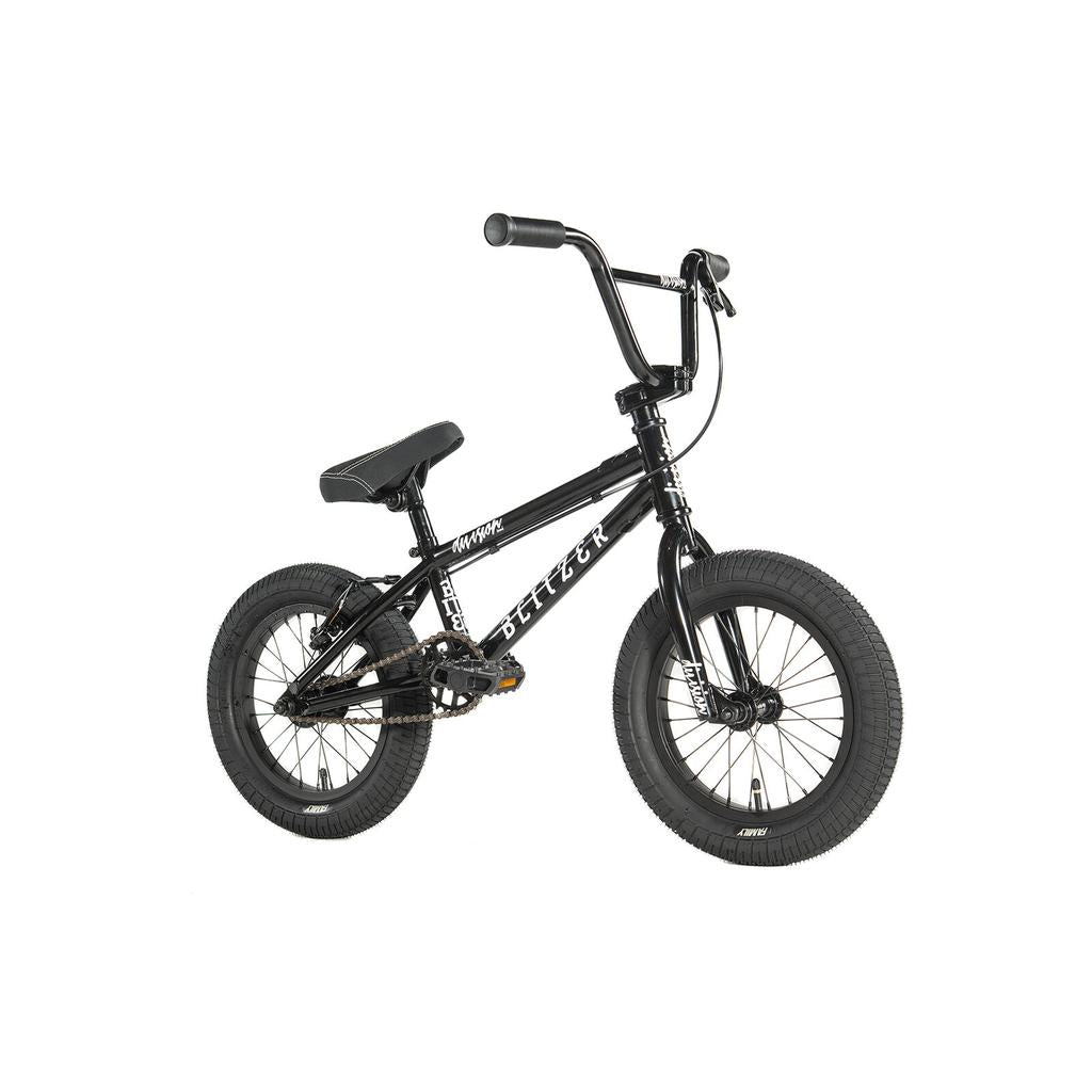 The Division Blitzer 14 Inch Bike, a black youth BMX with a padded seat, thick 14-inch wheels, and upright handlebars, is displayed against a white background.