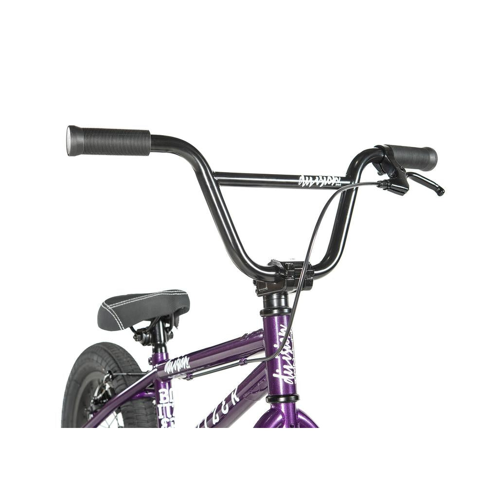 Close-up of the handlebars, brake lever, and seat of the Division Blitzer 14 Inch Bike in purple, shown against a white background.