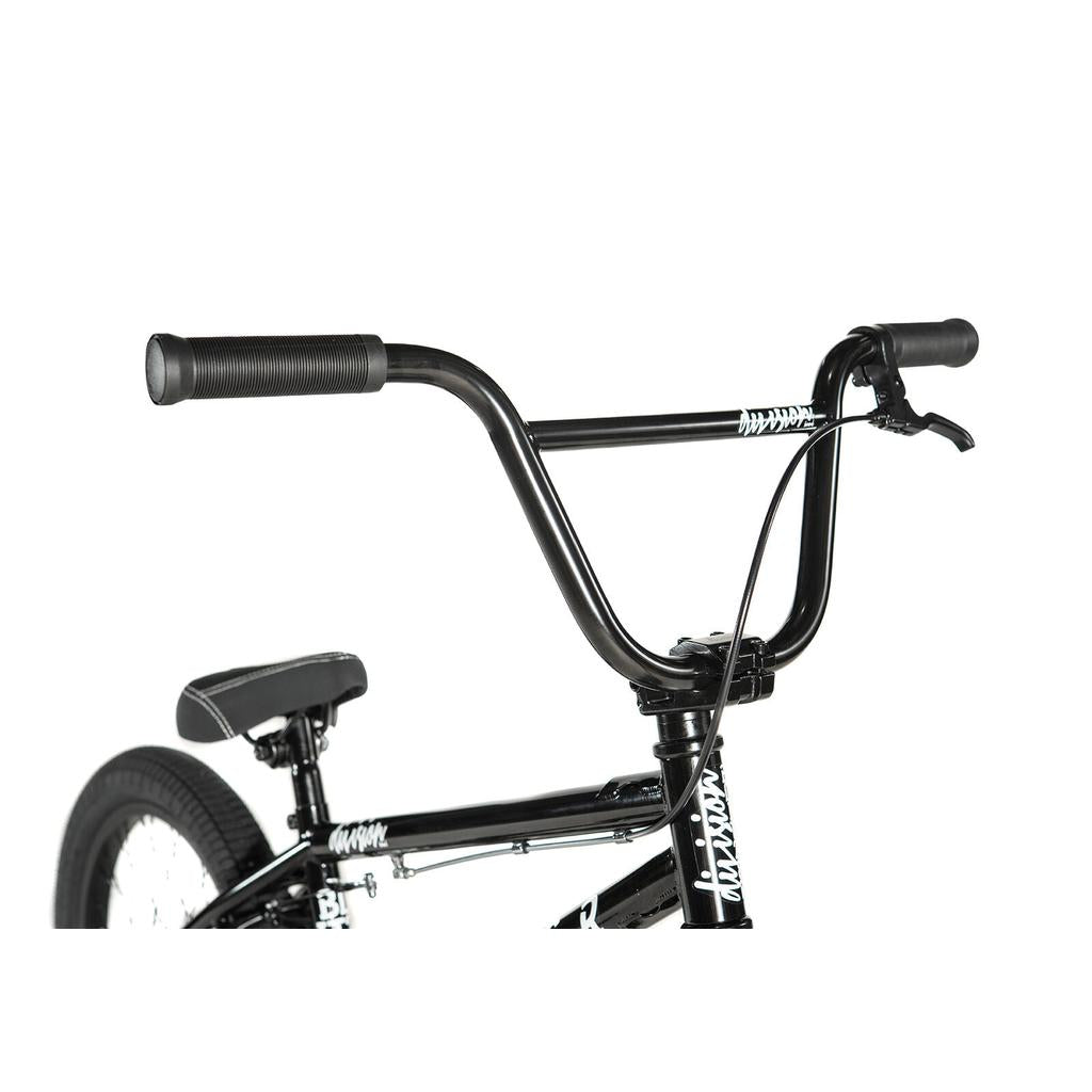 Close-up of the Division Blitzer 18 Inch Bike’s handlebars, brake lever, Hi-Ten frame, and seat against a white background.
