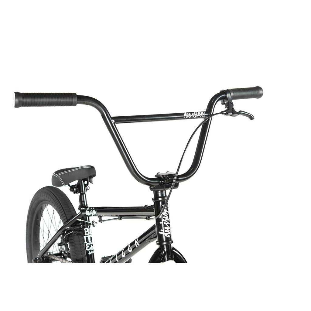 Close-up of Division Blitzer 20 Inch Bike’s handlebars, seat, and front frame with black 20” wheels shown against a white background—ideal for beginner street BMX riders.