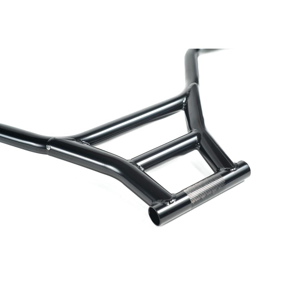 Close-up of Colony Prody Kue V2 Bars, retro BMX handlebars made from 4130 CrMo tubing with a crossbar and knurled clamping area, shown isolated on a white background.