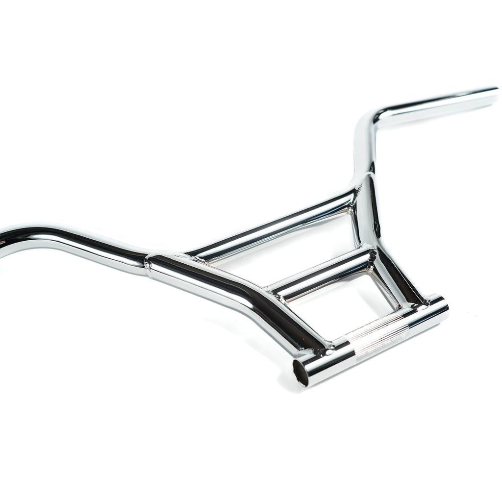 Colony Prody Kue V2 Bars: Chrome-plated retro BMX handlebars made from strong 4130 CrMo tubing, featuring a five-piece design with crossbar and reinforcement, photographed on a white background.
