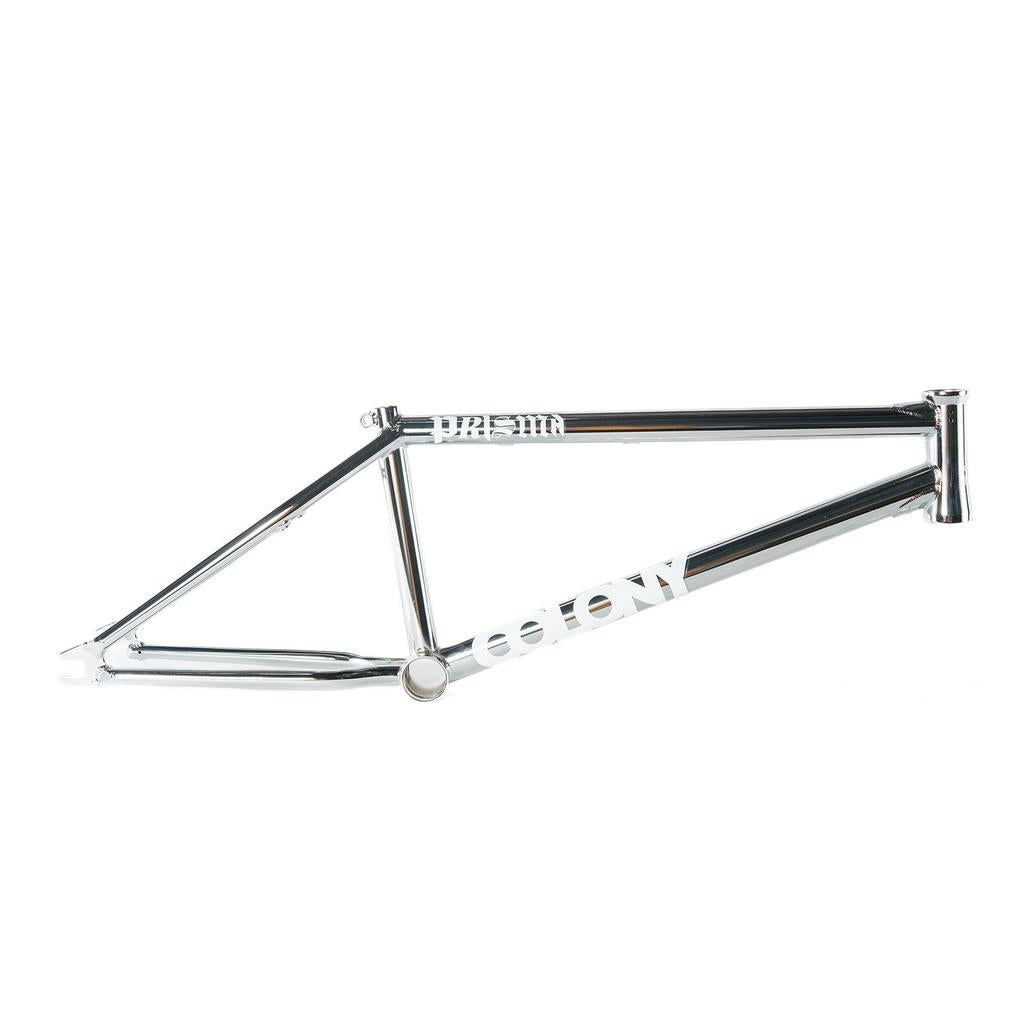 A Colony Prisma Frame in chrome with "COLONY" and "PREMIUM" on the top tube, made from full CrMo and featuring progressive street geometry, shown on a white background.