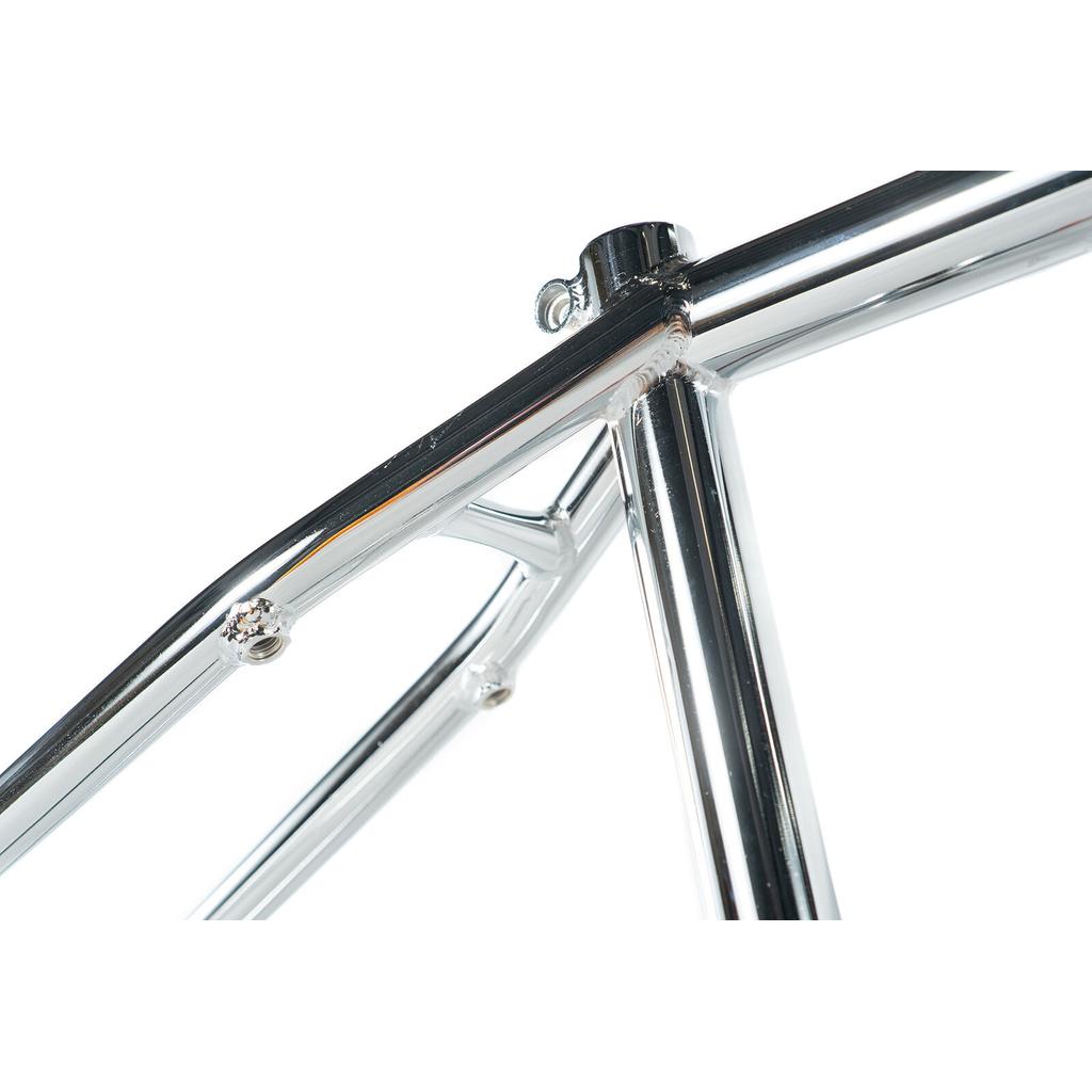 Close-up of the Colony Enishi Flatland Frame (Kio Hayakawa Signature) in shiny chrome, highlighting the seat tube, top tube, and seat stays against a white background.
