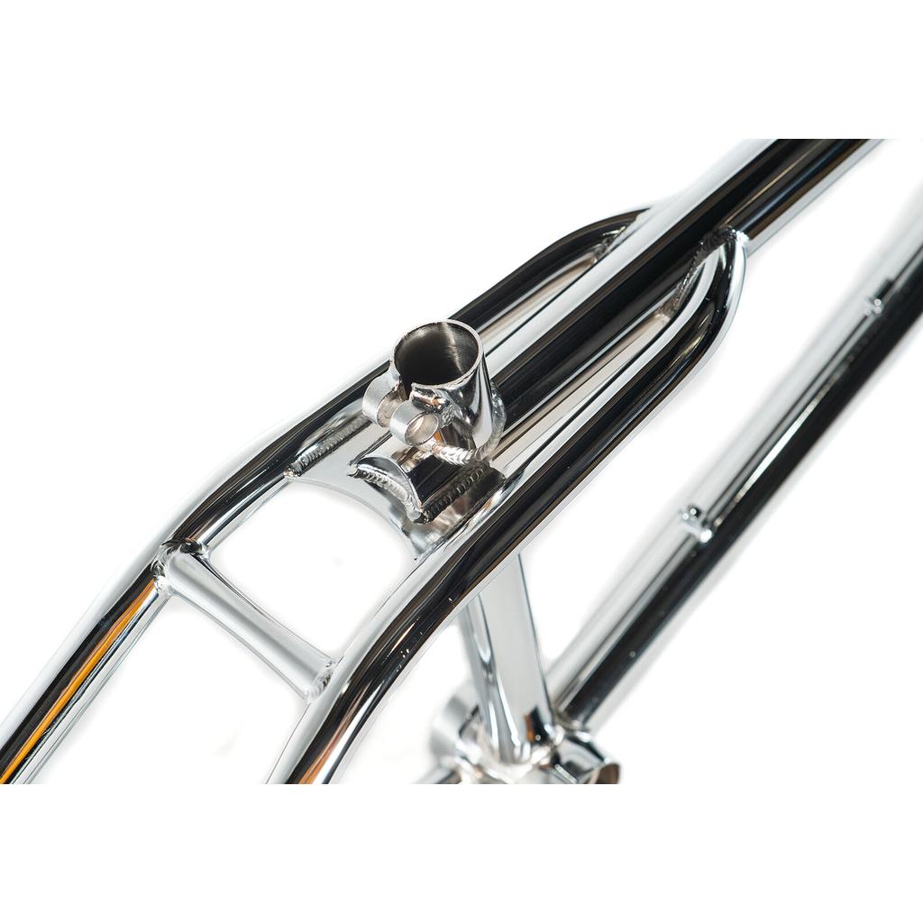 Close-up view of the Colony Prody Frame, a shiny 4130 CrMo freestyle BMX frame, highlighting the seat tube and top tube junction against a white background.