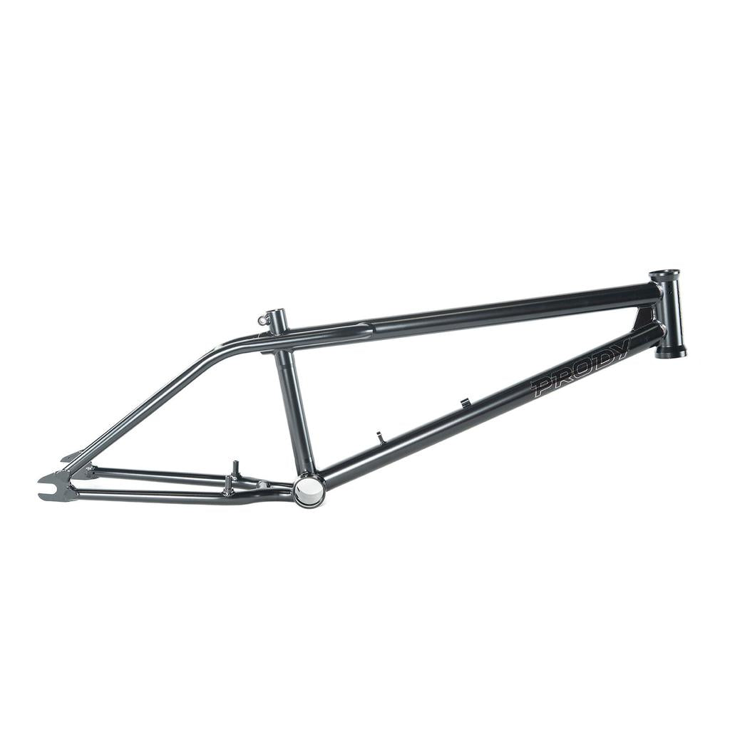 A metallic gray Colony Prody Frame 4130 CrMo BMX frame with "PRODIGY" on the top tube, ideal for freestyle riding, displayed against a plain white background.