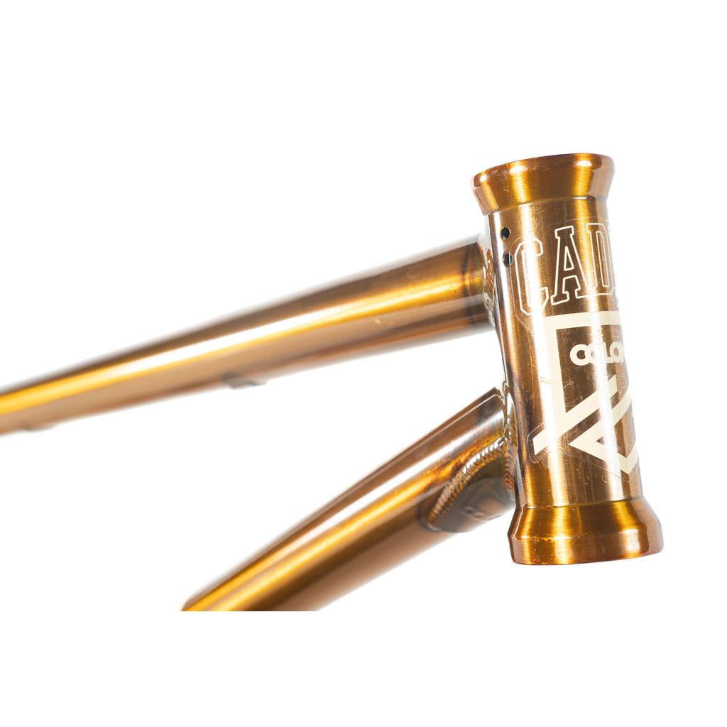 Close-up of a bronze-colored Colony Cadet 18 Inch Frame head tube with branded graphics.