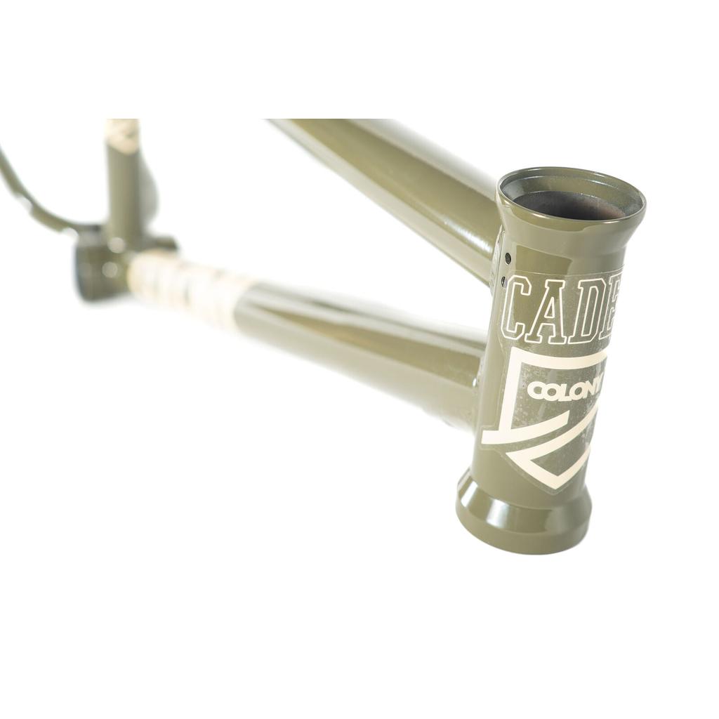 Close-up of the Colony Cadet 20 inch BMX frame in green with "CADE" and "COLONY" on the head tube, designed for park and street riding, photographed on a white background.