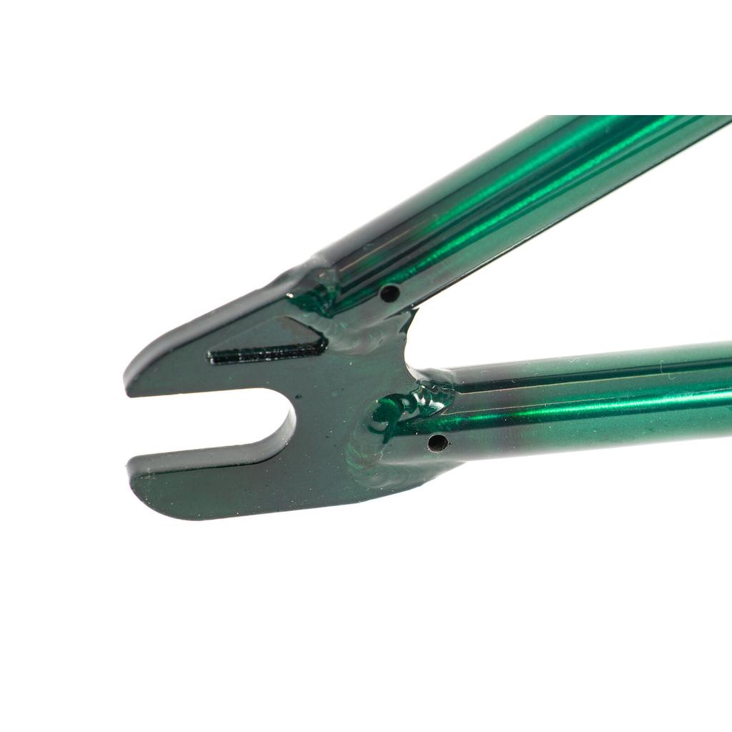 Close-up of a glossy green Colony Cadet 18 Inch Frame dropout.