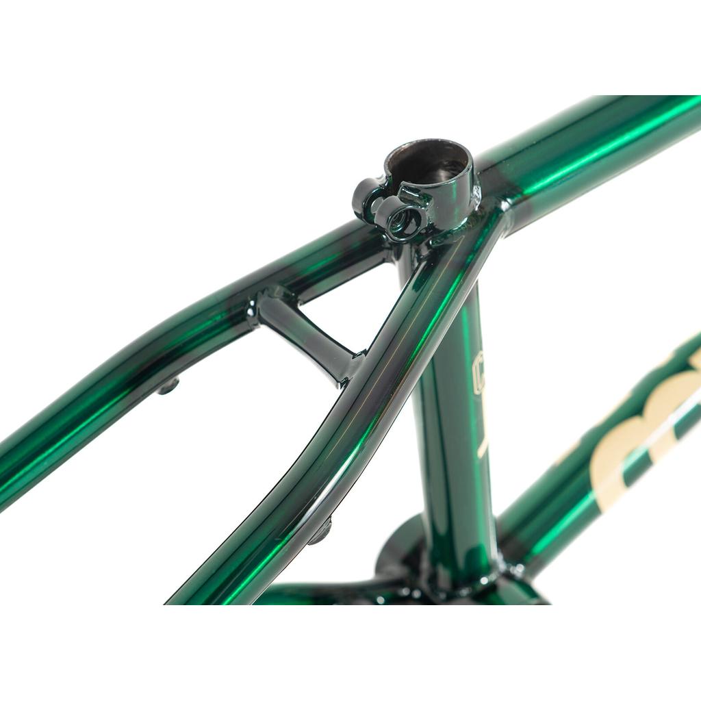 Close-up of a glossy green Colony Cadet 18 Inch Frame, highlighting the seat post clamp and rear triangle.