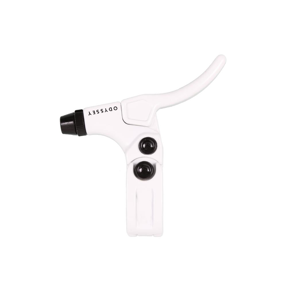 The Odyssey Monolever Short Lever is a white BMX brake lever featuring a hinged clamp, dual adjustment bolts, and a black tip, displayed on a plain white background.