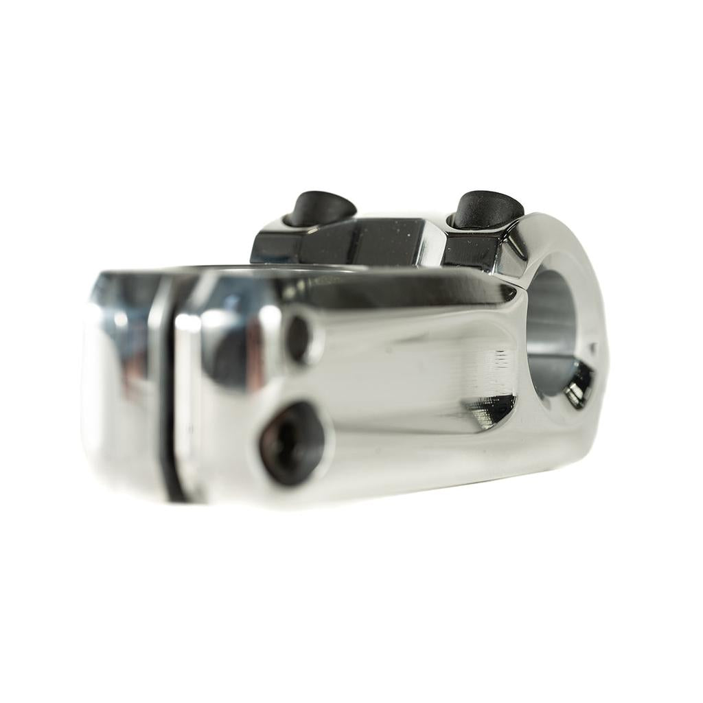 Close-up of a chrome Colony Variant 35mm Stem with two black bolts for precision. This low-rise stem secures handlebars to the fork steerer tube, showcased against a white background.