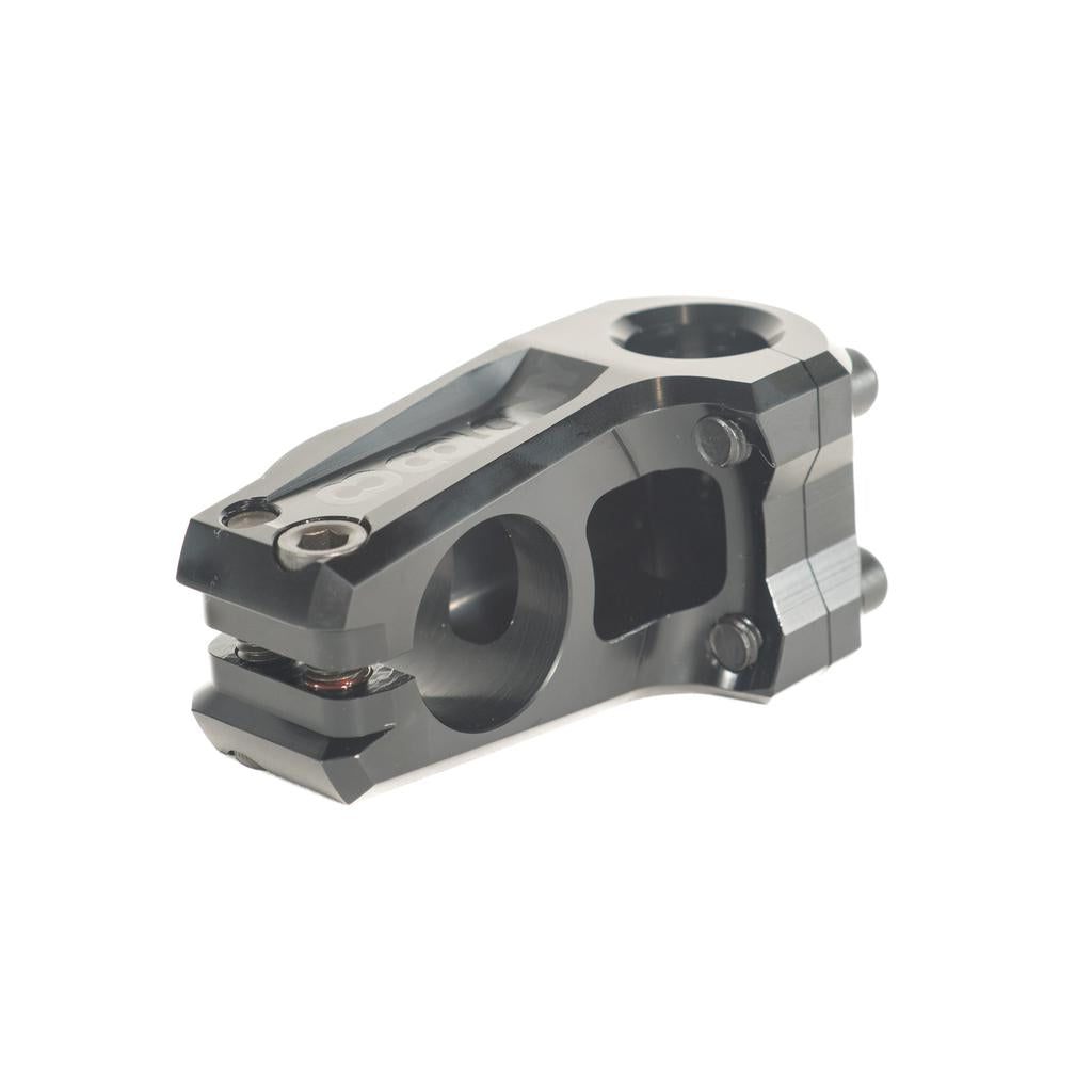 A close-up of the Colony Official Front Load Stem in black, crafted from 7075T6 alloy, features visible bolts and machined edges against a white background.
